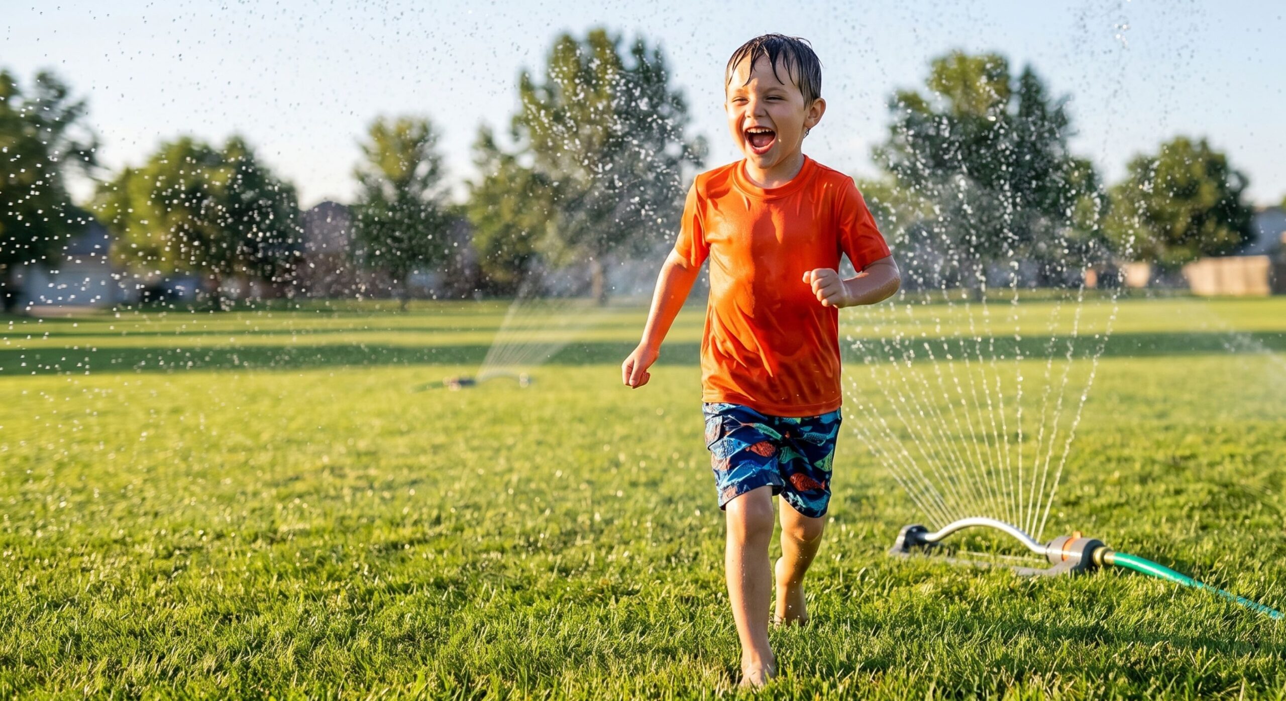 Young boy wearing blue swim trunks and an orange shirt laughing as he runs through sprinklers